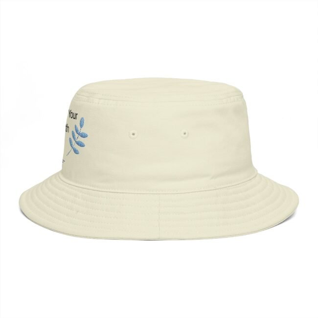 White bucket hat with blue botanical embroidery along the side.