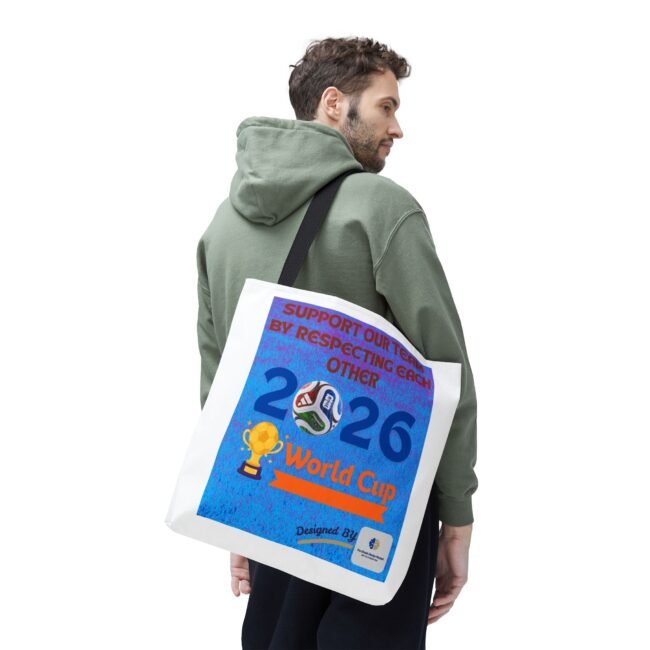 Side view of a man in a green hoodie carrying a white tote bag with a blue graphic poster.
