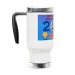 White insulated mug with a black handle and a blue label that reads 'Support Respect' and shows a trophy icon in the graphic.