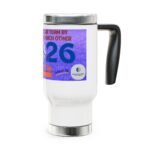 White mug with a purple label and a black handle, showing a large blue number 26 on the label.