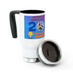 White ceramic mug with a black handle and a colorful poster-style label featuring a blue background, a soccer ball, a trophy, and bold red/orange text partially reading 'World Cup' or similar.