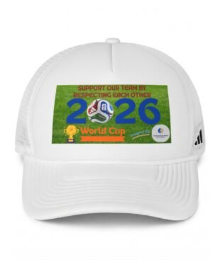 White baseball cap with a green sticker reading 'Support our team by respecting each other' and the year 2026, visible on the front panel.