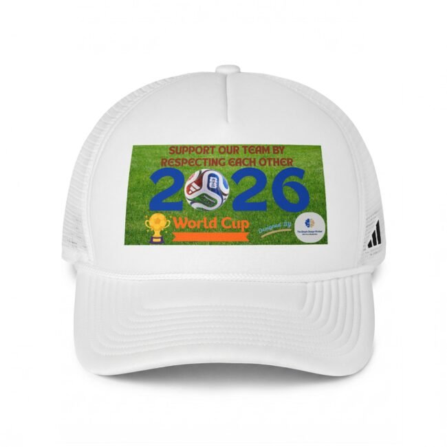 White baseball cap with a green sticker reading 'Support our team by respecting each other' and the year 2026, visible on the front panel.