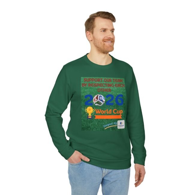 Man in a green sweatshirt with a bold graphic promoting teamwork and respect, standing against a white background.