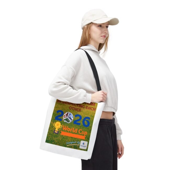 Side profile of a young woman in a white hoodie and cap, with a colorful poster sash reading World Cup 2026 across her torso.