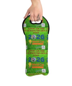 Hand gripping a round green promotional badge with World Cup graphics and grass background saying 'Support our team'.