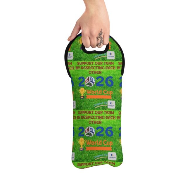 Hand gripping a round green promotional badge with World Cup graphics and grass background saying 'Support our team'.
