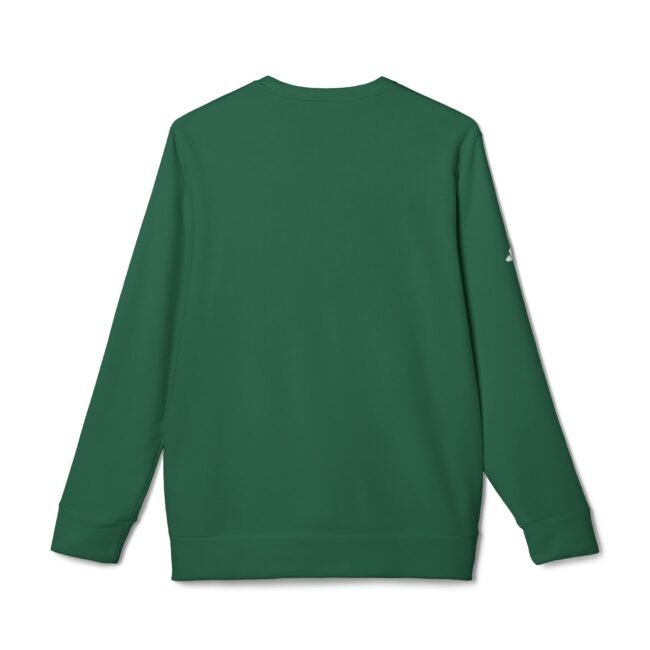 Back view of a dark green sweatshirt on a mannequin, plain design with no visible logos.