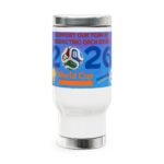 Bottle with a blue label featuring the slogan 'Support our team by respecting each other' and a soccer ball design on white background.