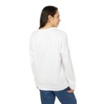 Back view of a person wearing a white long-sleeve shirt and blue jeans, head turned to the right.