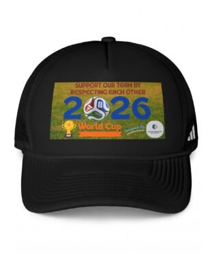 Partial view of a black backpack with a colorful sticker reading 'World Cup 2026' on the front panel.