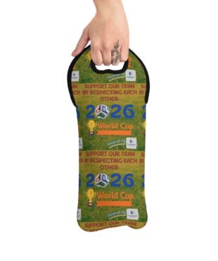 Hand gripping a circular World Cup-themed badge with grass background and 'Support our team' text.