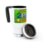 White mug with a black interior and a bright soccer-themed wrap displaying graphics and the text 'Support Our World Cup' (partial).