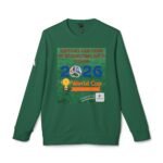 Green long-sleeve shirt displaying a poster-style graphic with red text reading 'Support Our Team By Respecting Each Other' over a grass background and soccer imagery.