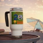 Close-up of a white mug with a glossy lid on a wooden table at the beach, featuring a colorful World Cup sticker with soccer imagery in the foreground.