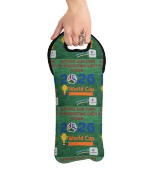 Hand gripping a circular promotional bag with a green grass design reading 'World Cup 2026' and supporting text logos.