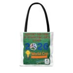 Tote bag featuring a green poster that reads 'SUPPORT OUR TEAM BY RESPECTING EACH OTHER' with soccer imagery on a grass background, and black handles.