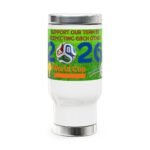 White plastic water bottle with a bright green World Cup label, showing a soccer ball and large blue '2026' on a grass background, designed by ...