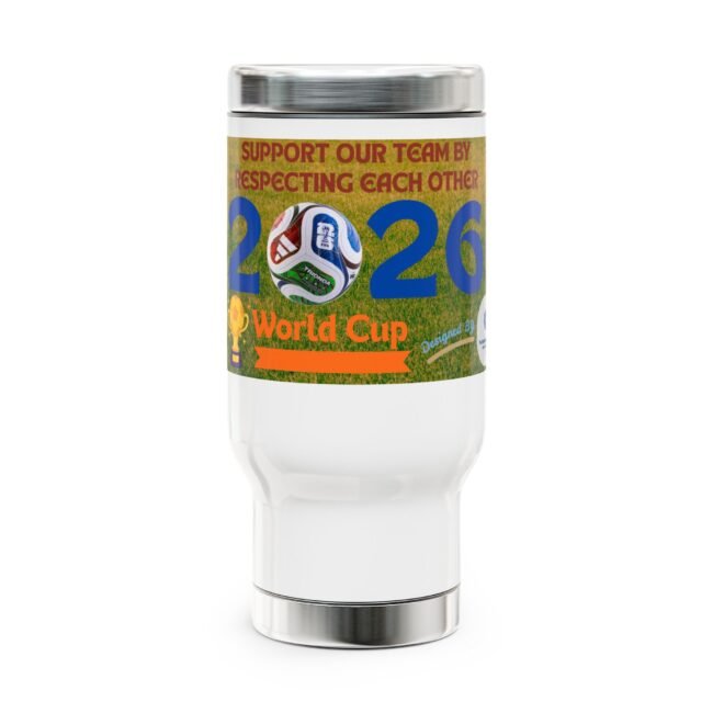 Bottle with a sports-themed label reading 'Support our team by respecting each other' on a grassy background, featuring large blue numbers and a soccer ball image.