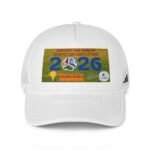 White baseball cap with a colorful poster-style graphic on the front reading 'World Cup 2026'.