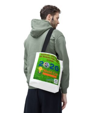 Man wearing a green hoodie, seen from the side, carrying a white bag with a colorful World Cup poster