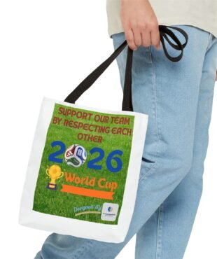 Person in blue jeans holds a white tote bag with a green poster urging support for the team and mutual respect, featuring a soccer ball graphic.