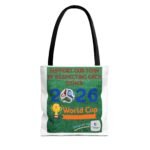 Tote bag featuring a green poster that reads 'SUPPORT OUR TEAM BY RESPECTING EACH OTHER' with soccer graphics bottom.