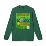 Green long-sleeve shirt with a neon green poster on the chest reading 'Support our team by respecting each other' and soccer balls graphic on grass background.