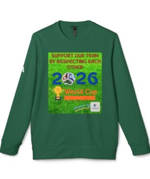 Green long-sleeve shirt with a neon green poster on the chest reading 'Support our team by respecting each other' and soccer balls graphic on grass background.