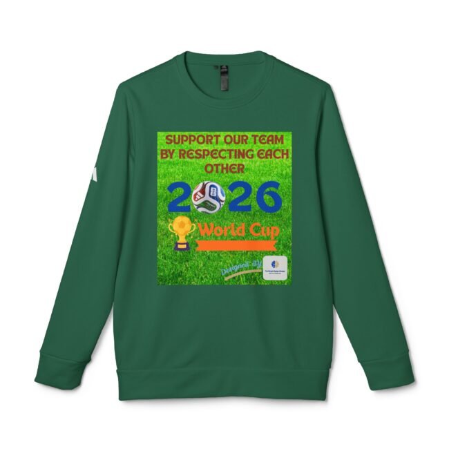 Green long-sleeve shirt with a neon green poster on the chest reading 'Support our team by respecting each other' and soccer balls graphic on grass background.