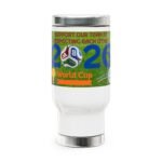 Label on a water bottle showing a green field with a soccer ball and the slogan 'Support our team by respecting each other' and 'World Cup' text.