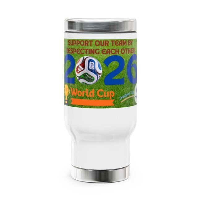 Label on a water bottle showing a green field with a soccer ball and the slogan 'Support our team by respecting each other' and 'World Cup' text.