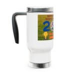 White insulated mug with a black handle and metal lid, featuring a colorful sports-themed label on the side.