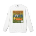 White shirt with a colorful poster-style graphic reading 'Support Our Team by Respecting Each Other' and soccer-themed imagery (World Cup).