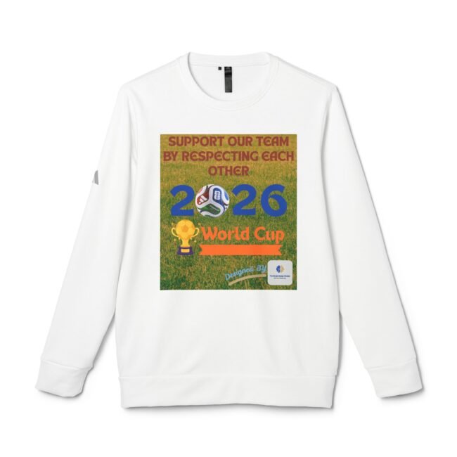 White shirt with a colorful poster-style graphic reading 'Support Our Team by Respecting Each Other' and soccer-themed imagery (World Cup).