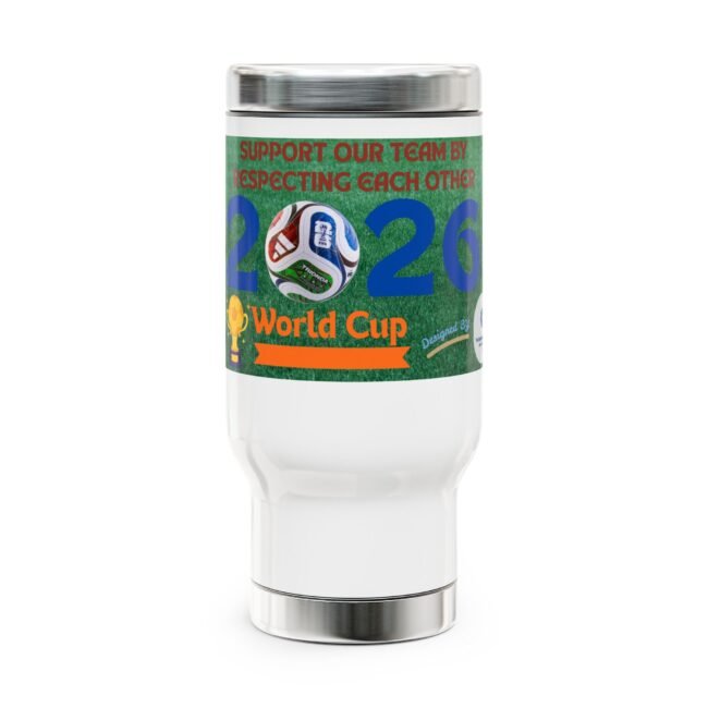Close-up of a white bottle with a green label featuring a soccer ball and the text 'World Cup' and a bold orange ribbon—likely a sports-themed product bottle.