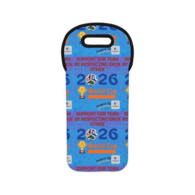 Blue curved badge with World Cup graphics, trophies, and 'Support Our Team' text on a textured background, part of a sporting-themed item.