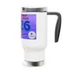 Close-up of a white insulated mug with a purple label on the side and a dark curved handle to the right.