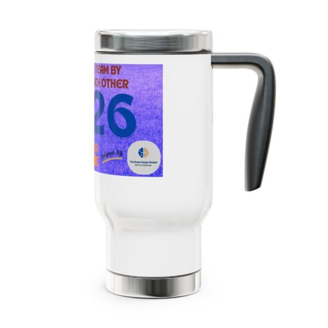 Close-up of a white insulated mug with a purple label on the side and a dark curved handle to the right.