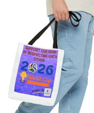 Person in jeans holding a white tote bag with a purple poster urging support and respect for others.
