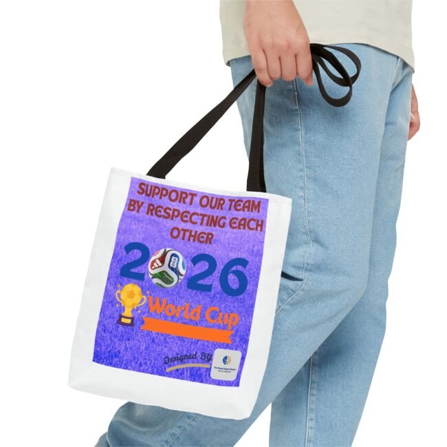 Person in jeans holding a white tote bag with a purple poster urging support and respect for others.