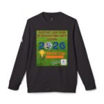 T-shirt with a green poster-style graphic promoting teamwork and respect, featuring the year 2026 and a football graphic on a black shirt.