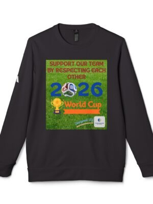 T-shirt with a Green Poster-style Graphic Promoting Teamwork and Respect, Featuring the Year 2026 and a Football Graphic on a Black Shirt.
