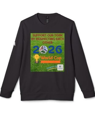 T-shirt with a green poster-style graphic promoting teamwork and respect, featuring the year 2026 and a football graphic on a black shirt.