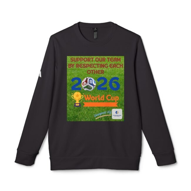 T-shirt with a green poster-style graphic promoting teamwork and respect, featuring the year 2026 and a football graphic on a black shirt.