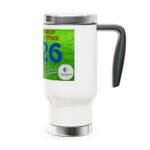 White insulated travel mug with a green graphic label on the side and a metal lid.