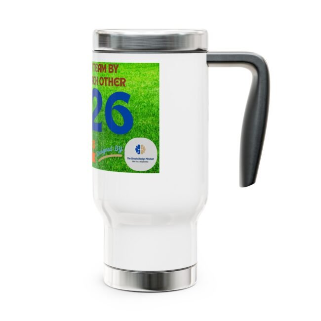 White insulated travel mug with a green graphic label on the side and a metal lid.