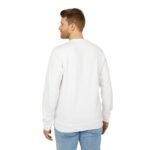 Back view of a man wearing a white sweatshirt and blue jeans, standing outdoors or in a studio.