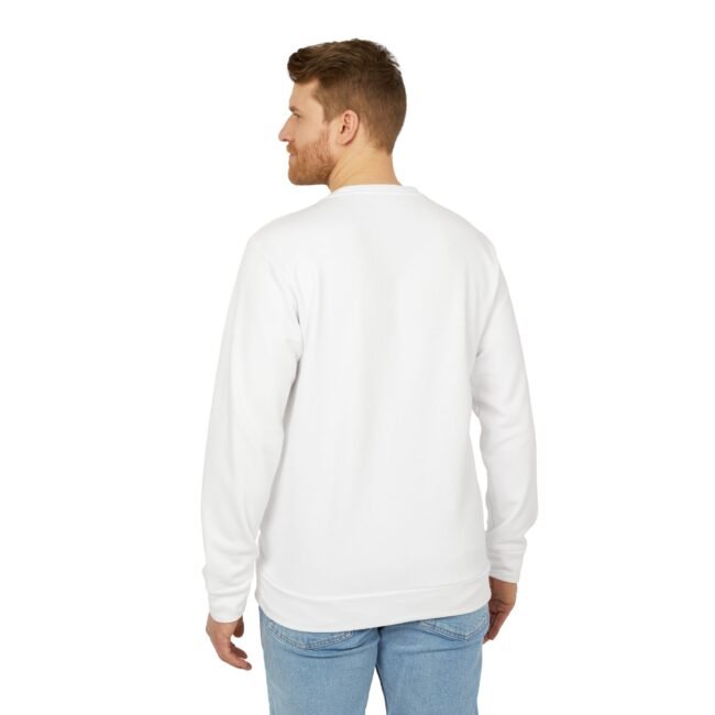Back view of a man wearing a white sweatshirt and blue jeans, standing outdoors or in a studio.