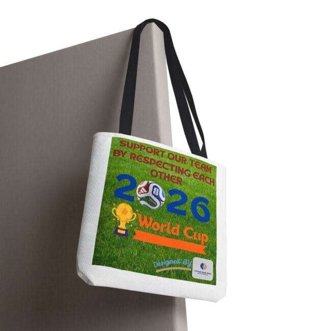 Tote bag with a colorful poster graphic featuring text about supporting a team and World Cup imagery on a green background.